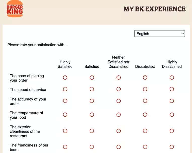 MyBKExperience Survey questions