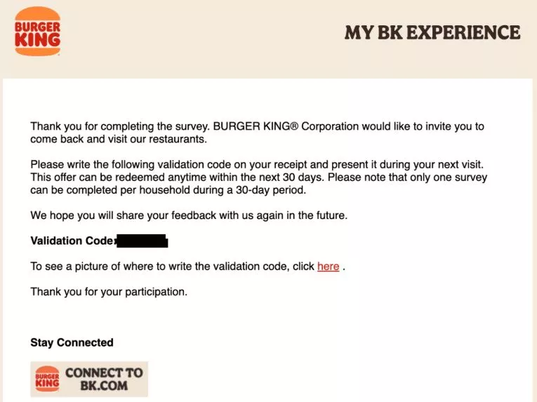Get your MyBKExperience validation code